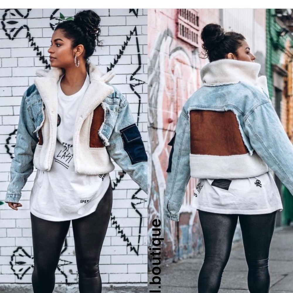 Denim and Shearling Cropped Jacket